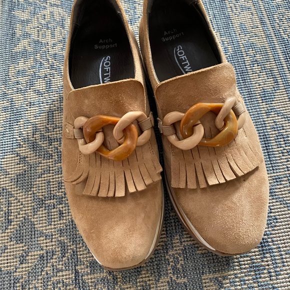 Softwaves Tan Suede Loafers with Fringe and Chain Detail - Picture 2 of 3
